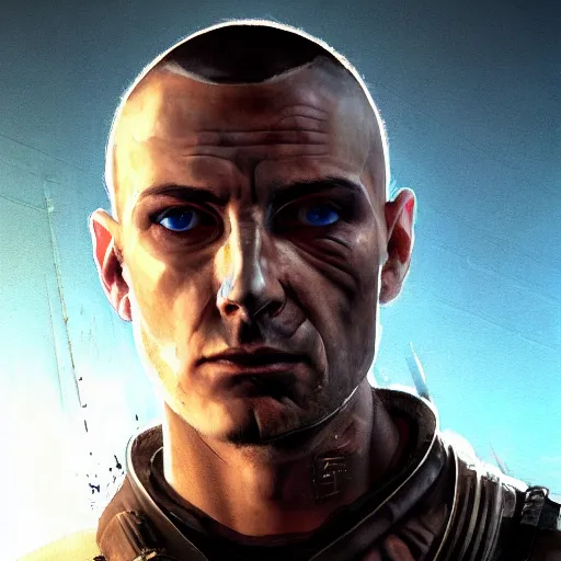 Image similar to cyberpunk, armitage, closeup portrait of a stoic ex soldier with a battlescar and light blue eyes, brown buzzcut, cyborg, dramatic light, city background, sunset, dystopian setting, high contrast, sharp, neuromancer, painted by stanley lau, painted by greg rutkowski, painted by stanley artgerm, digital art, trending on artstation