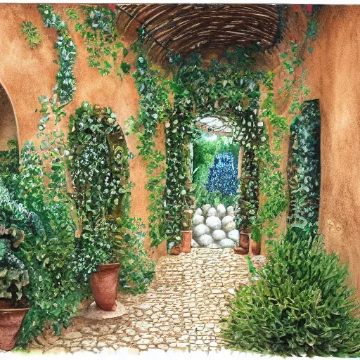 Prompt: delicate boundary walls coastline garden on paper, spirals, stony, floating, puffy, vines, botanical herbarium, botanic watercolors, iridescent, 8 k wide angle, realistic shaded, fine details, artstation, italian, rainbow, colonnade, oak, pinecone, pomegranade, vines, gardena architecture, pompeian, sicilian