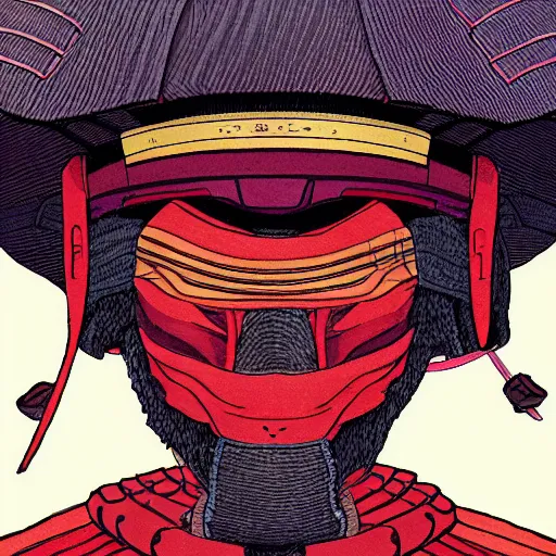 Prompt: a powerful japanese samurai wearing a kabuto, detailed face, highly detailed, face symmetry, character concept portrait by moebius and laurie greasley, colorful, profile picture, 8 k, cinematic color grading