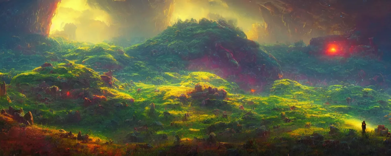 Prompt: ” otherwordly landscape rolling hills, [ cinematic, detailed, epic, widescreen, opening, establishing, mattepainting, photorealistic, realistic textures, octane render, art by paul lehr ] ”