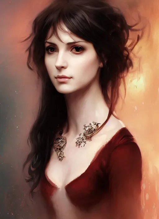 Image similar to character concept portrait of an attractive young focused Spanish witch with pale pink skin and a crystal necklace enchanting a glowing seduction spell, a floating glowing spell book in the center, intricate, elegant, digital painting, concept art, smooth, sharp focus, illustration, from Metal Gear, by Ruan Jia and Mandy Jurgens and William-Adolphe Bouguereau, Artgerm