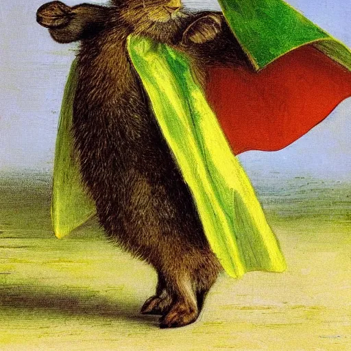 Image similar to a rabbit wearing a green cape, victorian painting