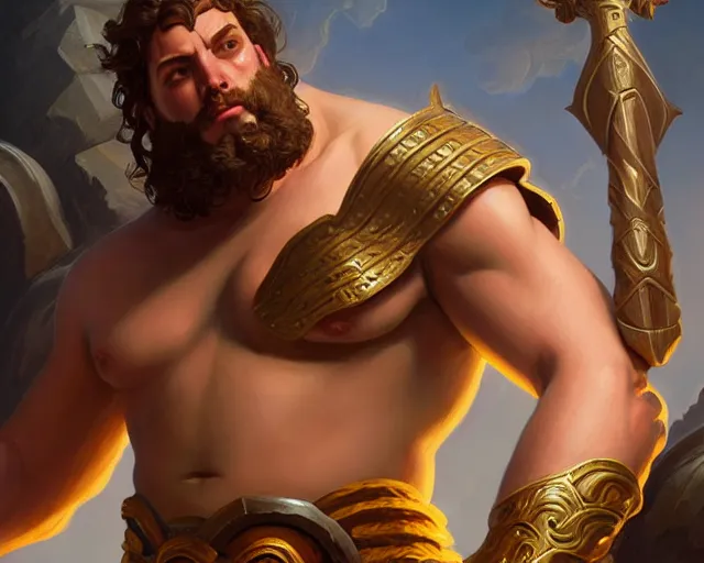 Image similar to andrew the giant depicted as a greek god, deep focus, d & d, fantasy, intricate, elegant, highly detailed, digital painting, artstation, concept art, matte, sharp focus, illustration, hearthstone, art by artgerm and greg rutkowski and alphonse mucha