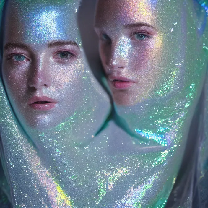 Prompt: closeup portrait of a woman wrapped in iridescent foil, standing in antarctica, color photograph, by vincent desiderio, canon eos c 3 0 0, ƒ 1. 8, 3 5 mm, 8 k, medium - format print