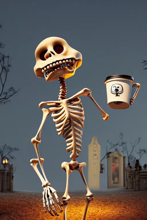 Image similar to a funny skeleton character with big eyes holding a cup of coffee on a cemetery at night. pixar disney 4 k 3 d render funny animation movie oscar winning trending on artstation and behance. ratatouille style.