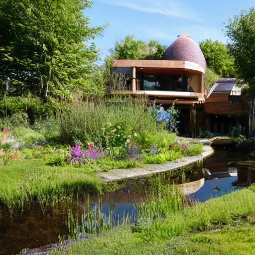 Image similar to earthship house with pond and cottage garden