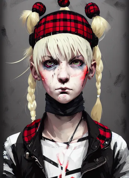 Image similar to highly detailed closeup portrait of a sewer punk pretty swedish female road warrior student, tartan garment, blonde hair pigtails with headband by atey ghailan, by greg rutkowski, by greg tocchini, by james gilleard, by joe fenton, by kaethe butcher, gradient red, black, brown and white color scheme, grunge aesthetic!!! white graffiti tag wall background