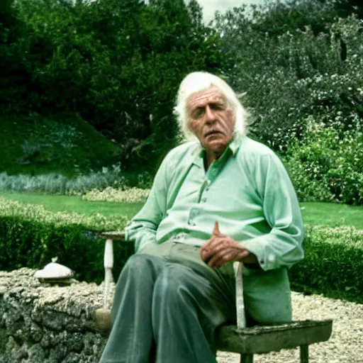 Image similar to long white hair old man with green shirt and white short, sitting in ile de re house garden, film still of plein soleil ( 1 9 6 0 )