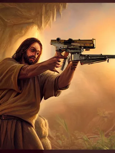 Image similar to jesus christ firing ak - 4 7. intricate, elegant, highly detailed, digital painting, artstation, concept art, sharp focus, illustration, by justin gerard and artgerm, 8 k