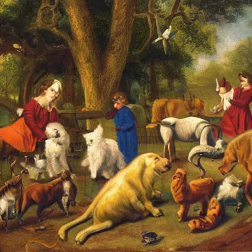 Prompt: oil painting by thomas hart brenton of the peaceable kingdom.