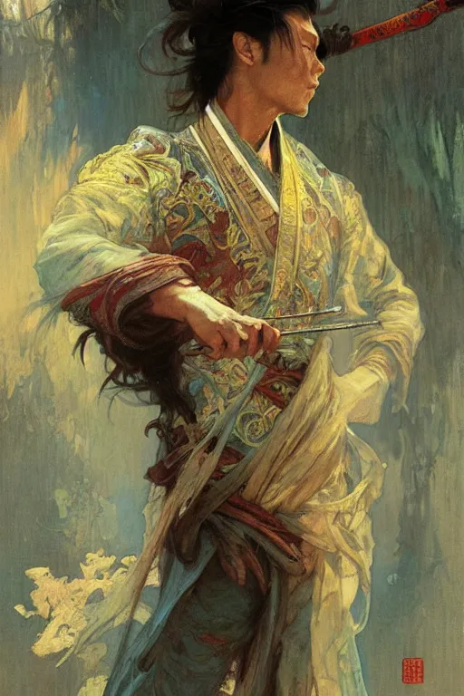 Image similar to attractive man, wuxia, colorful, painting by gaston bussiere, craig mullins, greg rutkowski, alphonse mucha