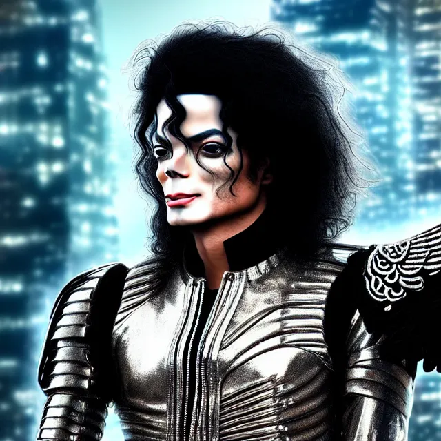 Image similar to beautiful!! futuristic cyberpunk michael jackson angel warrior with ornate slick pearl armor, highly detailed 8 k hdr smooth sharp focus high resolution award - winning photo photorealistic
