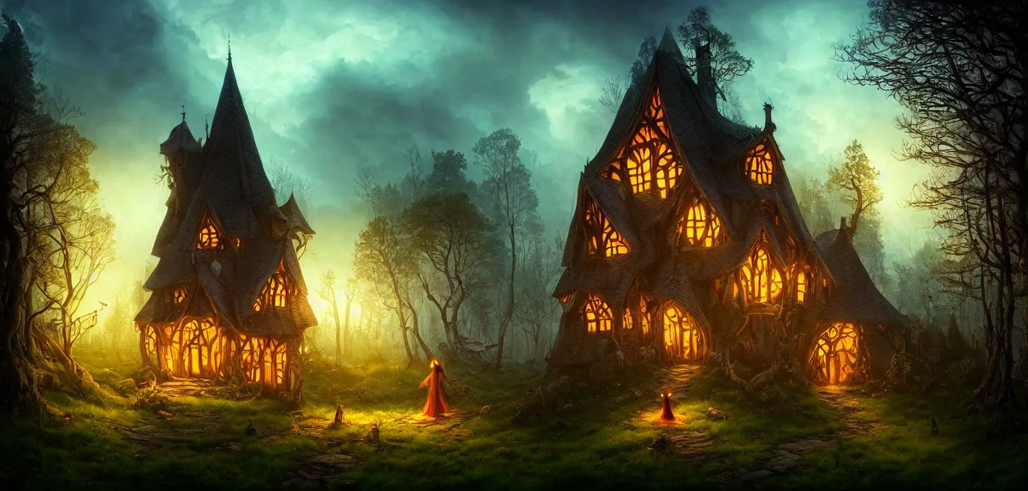 Prompt: fairy tale magical witch house, glowing wooden doors and windows. witch hunt in the forest. illustration for a book of fairy tales, cinematic view, epic sky, detailed, concept art, low angle, high detail, warm lighting, volumetric, godrays, vivid, beautiful, trending on artstation, by jordan grimmer, huge scene, grass, art greg rutkowski
