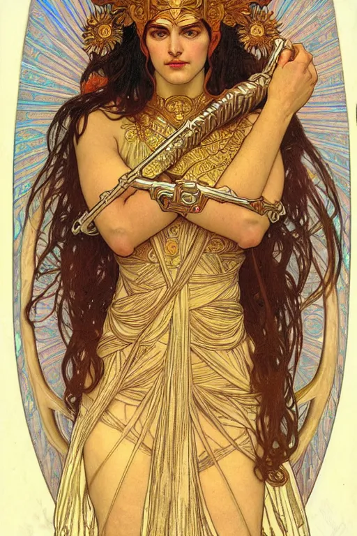 Prompt: The Godess Hera looking angry, detailed armor, portrait, highly detailed, colored pencil, beautiful face, symmetric face, cinematic, art by Alphonse Mucha