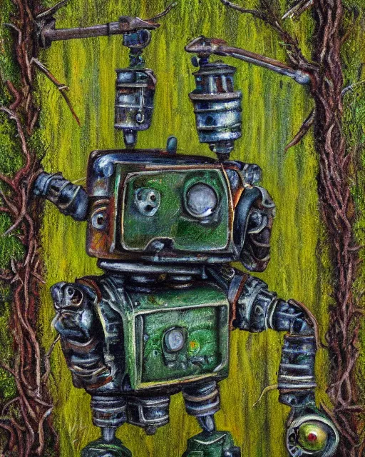 Image similar to detailed oil painting of a decayed, rusty, robot, covered in moss, in a forest, painted by Greg Rukowtski, sunlight