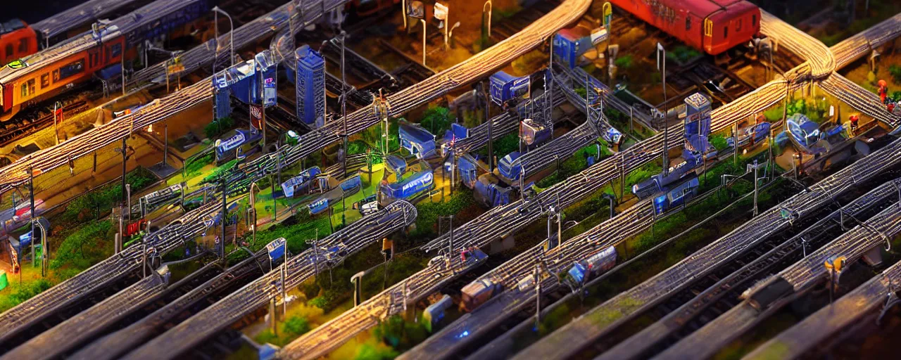 Prompt: mega detailed miniature voxel diorama of huge railway junction by night, futuristic architecture, tilt shift, volumetric lighting, several trains on rails, near future 2 0 3 0