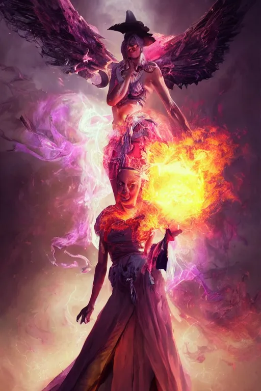 Prompt: beautiful girl necromancer, witch - doctor exploding into rainbow velvet, angels, 3 d render, hyper - realistic detailed portrait, holding fire and electricity, ruan jia, wlop. scifi, fantasy, magic the gathering, hyper detailed, octane render, concept art, peter mohrbacher