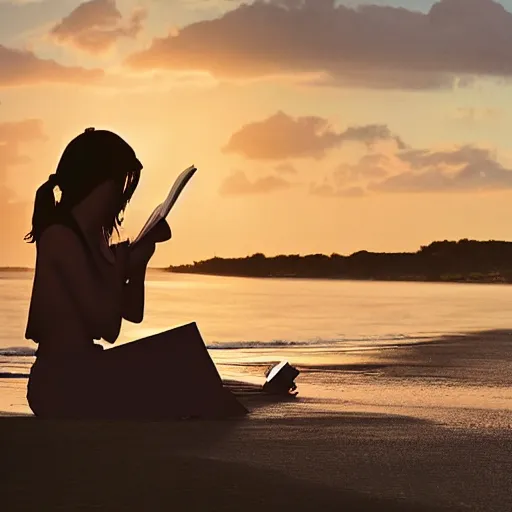 Image similar to girl reading a book, beach, golden hour, sun in frame, wavy water, digital art