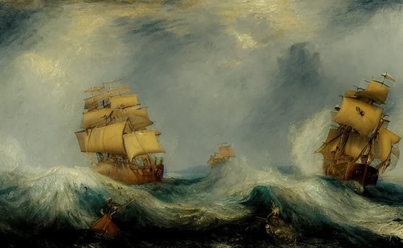 Prompt: a pirate boat in the sea with big waves by William Turner