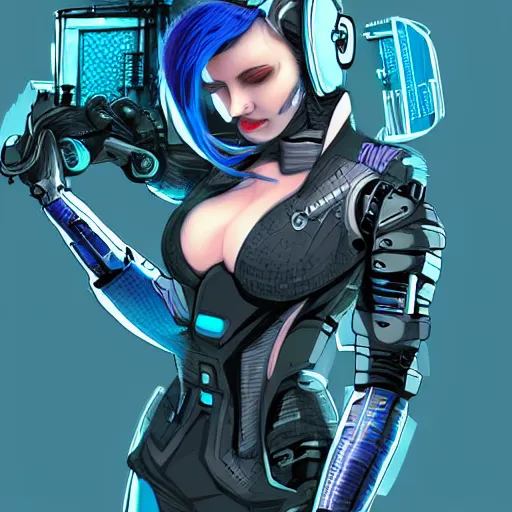 Prompt: beautiful futuristic cyber punk woman, photo realistic, hyper detailed, bio punk, comic book illustration, blue hair, voluptuous