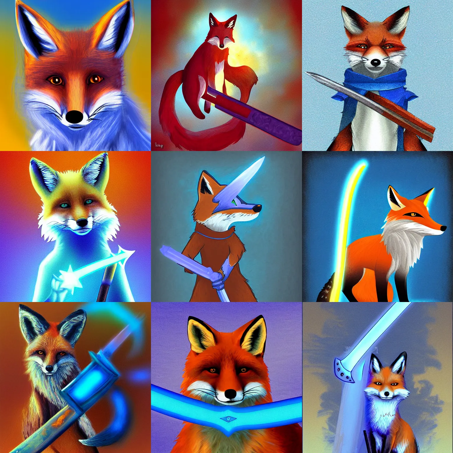 Prompt: fox with a glowing blue sword , digital art