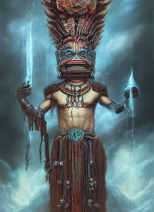 Image similar to portrait of tlaloc the aztec god of rain and thunder, by bogdan rezunenko and denys tsiperko and tom bagshaw, magic realism