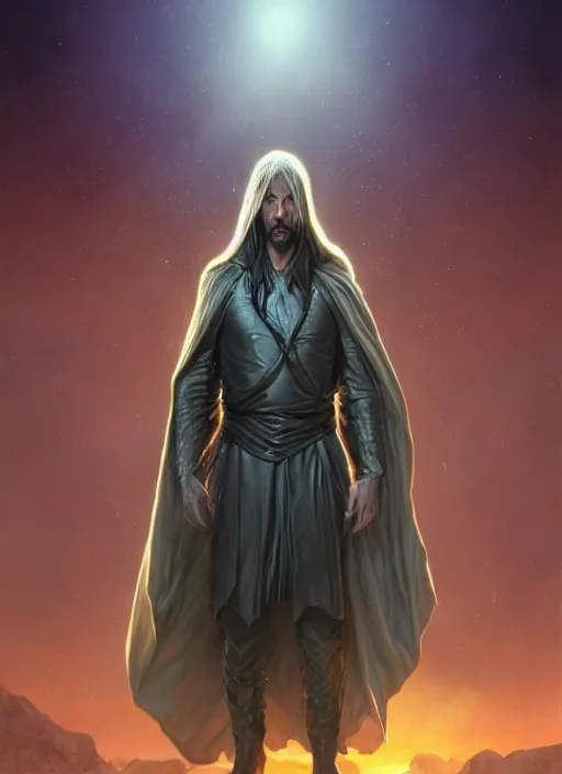 Prompt: Keanu Reeves, silver long hair, cloak, male, fantasy, extremely detailed, digital painting, artstation, concept art, smooth, sharp focus, illustration, stunning lighting, art by artgerm and greg rutkowski and alphonse mucha and simon stalenhag, realistic character concept, low fantasy, light atmosphere, golden ratio, cinematic lighting, hyperdetailed, high resolution, insanely detailed and intricate, artstation, Marc Simonetti, Greg Rutkowski, 8k