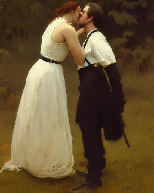 Prompt: a guy and a girl kissing, art by greg rutkowski, gustave courbet, rosa bonheur, edward hopper. faithfully depicted facial expression, perfect anatomy, sharp focus, global illumination, radiant light, detailed and intricate environment, trending on artstation