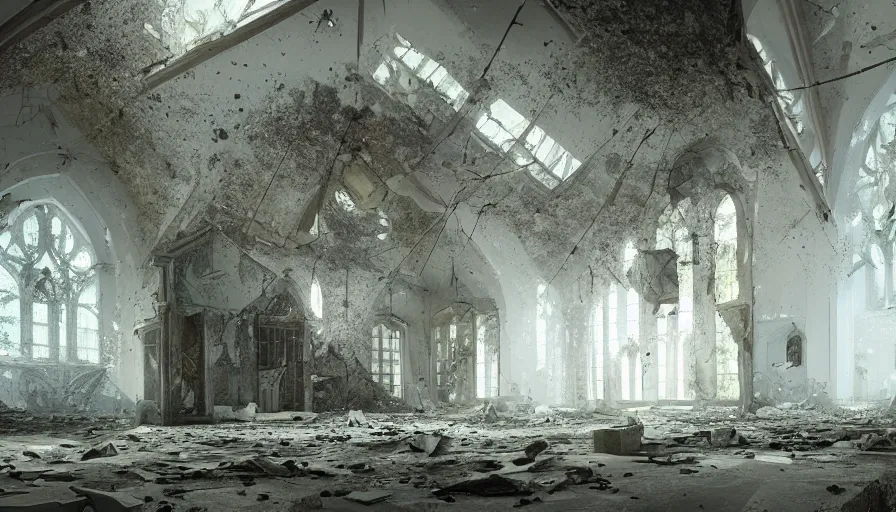 Prompt: abandoned white church, dust particles, vegetation, collapsed ceiling, bell falling to the ground, destructionn brught light, hyperdetailed, artstation, cgsociety, 8 k