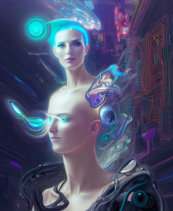 Image similar to a whirlwind of souls rushing inside the metaverse, hologram, half body, neurochip, shaved temple, piercing, jewelry, android, cyborg, cyberpunk face, by loish, d & d, fantasy, intricate, elegant, highly detailed, colorful, digital painting, artstation, concept art, art by artgerm and greg rutkowski and alphonse mucha