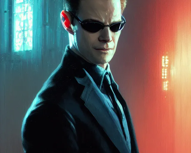 Image similar to highly detailed portrait of albert wesker as agent smith, in the matrix, stephen bliss, unreal engine, fantasy art by greg rutkowski, loish, rhads, ferdinand knab, makoto shinkai and lois van baarle, ilya kuvshinov, rossdraws, tom bagshaw, global illumination, radiant light, detailed and intricate environment