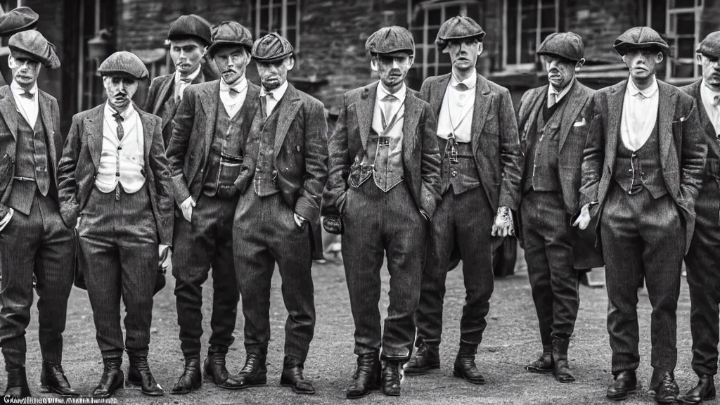 Image similar to a group shrimp mans dressed like the peaky blinders