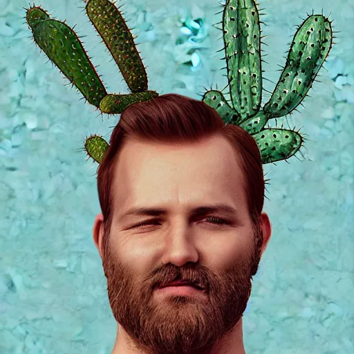 Image similar to cactus grown on man's face instead of beards, digital art, award winning