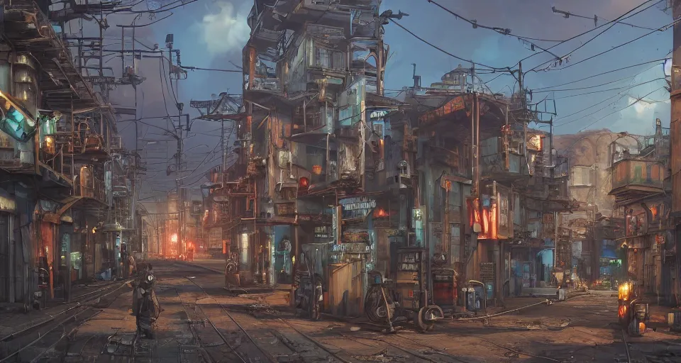 Image similar to a industrial STEAMPUNK CITY Street scenery in the FAVELAS, signs, billboards and cable Connecting MULTI LVL BUILDINGS, rendered by simon stålenhag, rendered by Beeple, Makoto Shinkai, syd meade, environment concept, digital art, starwars, Gundam Style, unreal engine, 3 point perspective, WLOP, trending on artstation, low level, 4K UHD image, octane render,