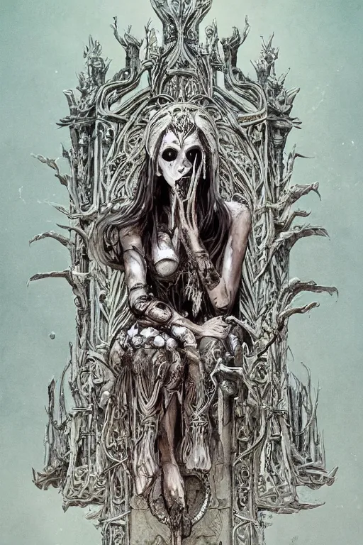 Image similar to an illustration of the blind bone goddess on her throne of bones, full figure, intricate, gothic, highly detailed, digital painting, trending on artstation, smooth, sharp focus, illustration, art by greg rutkowski, loish, rhads, makoto shinkai and lois van baarle, ilya kuvshinov, rossdraws