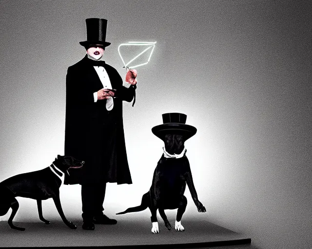 Image similar to greyhound wearing a black cloak and a top hat, under a spotlight, magician dog performing on stage