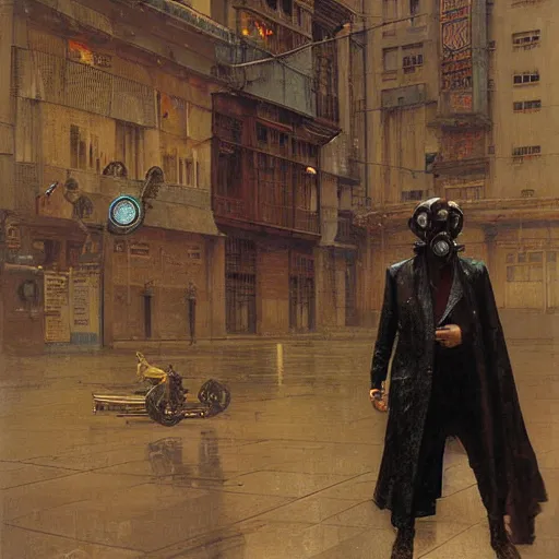 Image similar to portrait of masked cyberpunk scientist on the art deco streets of the Empire city, award-winning realistic sci-fi concept art by Beksinski, Bruegel, Greg Rutkowski, Alphonse Mucha, and Yoshitaka Amano