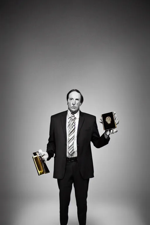 Prompt: Saul Goodman portrait photo by Mark Mann and Lorenzo Agius , award winning, atmosphere, lighting, 1x