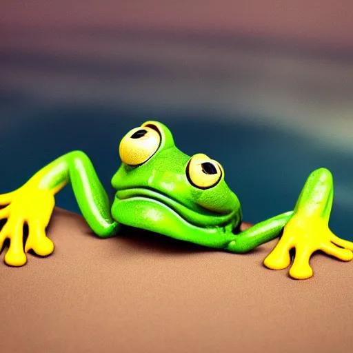 Prompt: anthropomorphic frog urinating into yellow ocean