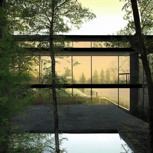 Prompt: a modern house in the woods with a river passing by, god rays, dramatic, cinematic, art by Luxigon and Brick Visual, 4k, trending on Artstation