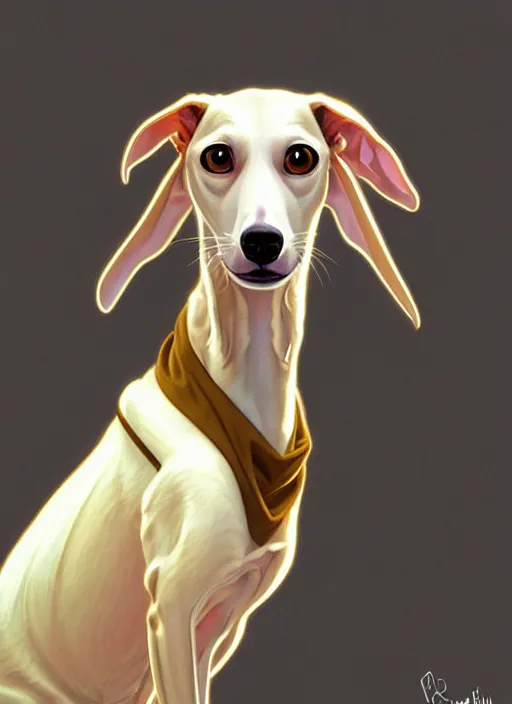 Image similar to cute white brown greyhound wearing golden cape, natural lighting, path traced, highly detailed, high quality, digital painting, by don bluth and ross tran and studio ghibli and alphonse mucha, artgerm