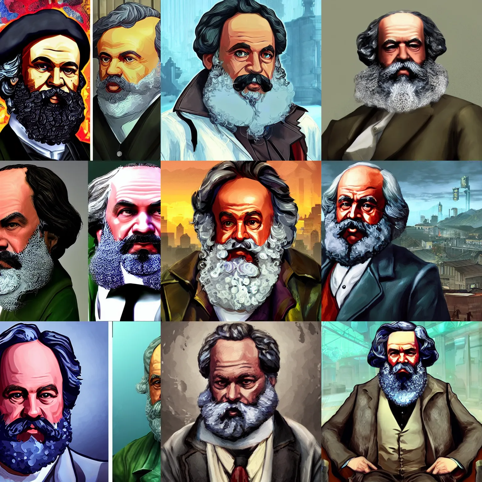 Prompt: karl marx as a character in the game GTA VI, with a background based on the game League of Legends, detailed face, PAINTING BY android jones