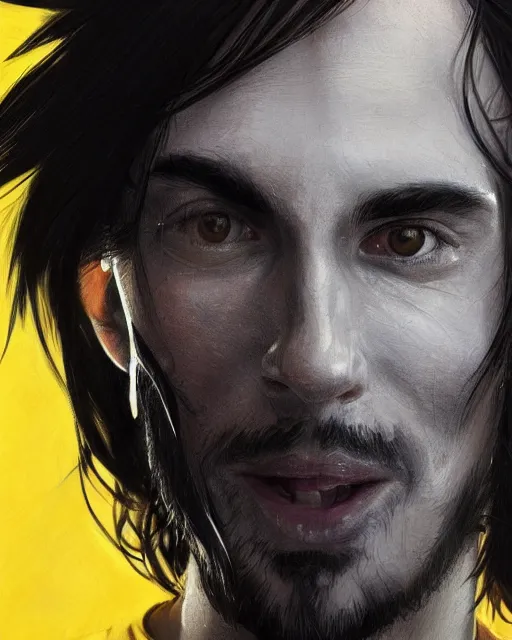 Prompt: portrait of a 3 2 - year - old man wearing black clothes, with black, greasy, mid - length hair, hooked nose, dark brown eyes, yellow uneven teeth, highly detailed, digital painting, artstation, concept art, smooth, sharp focus, illustration, art by artgerm and greg rutkowski and alphonse mucha