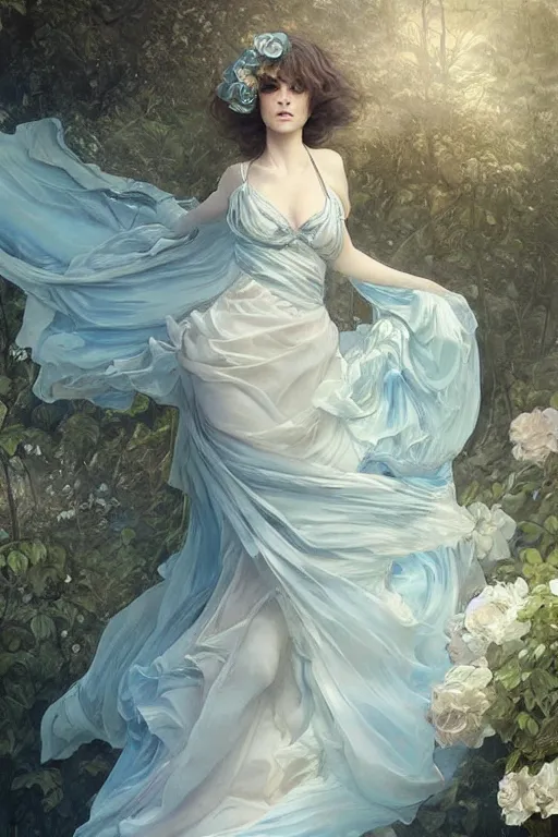 Image similar to beautiful!!! woman dressed in a vaporous wrapped large victorian pale blue roses silk semi-transparent dress fashion is running, fantasy, intricate, elegant, highly detailed, digital painting, trending on artstation, concept art, matte, sharp focus, illustration, art by Artgerm and Greg Rutkowski and Alphonse Mucha, instagram model