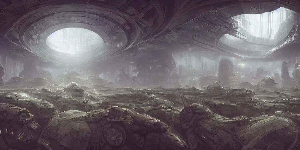 Prompt: one thousand aligned cryogenic pods, spaceship hangar, symmetrical, sci-fi, cryogenic pods, many cryogenic pods, interior, fantasy, 4k, wide shot, matte painting, oil painting, concept art, art station, alan lee and peter mohrbacher and frank frazetta and mike mignola