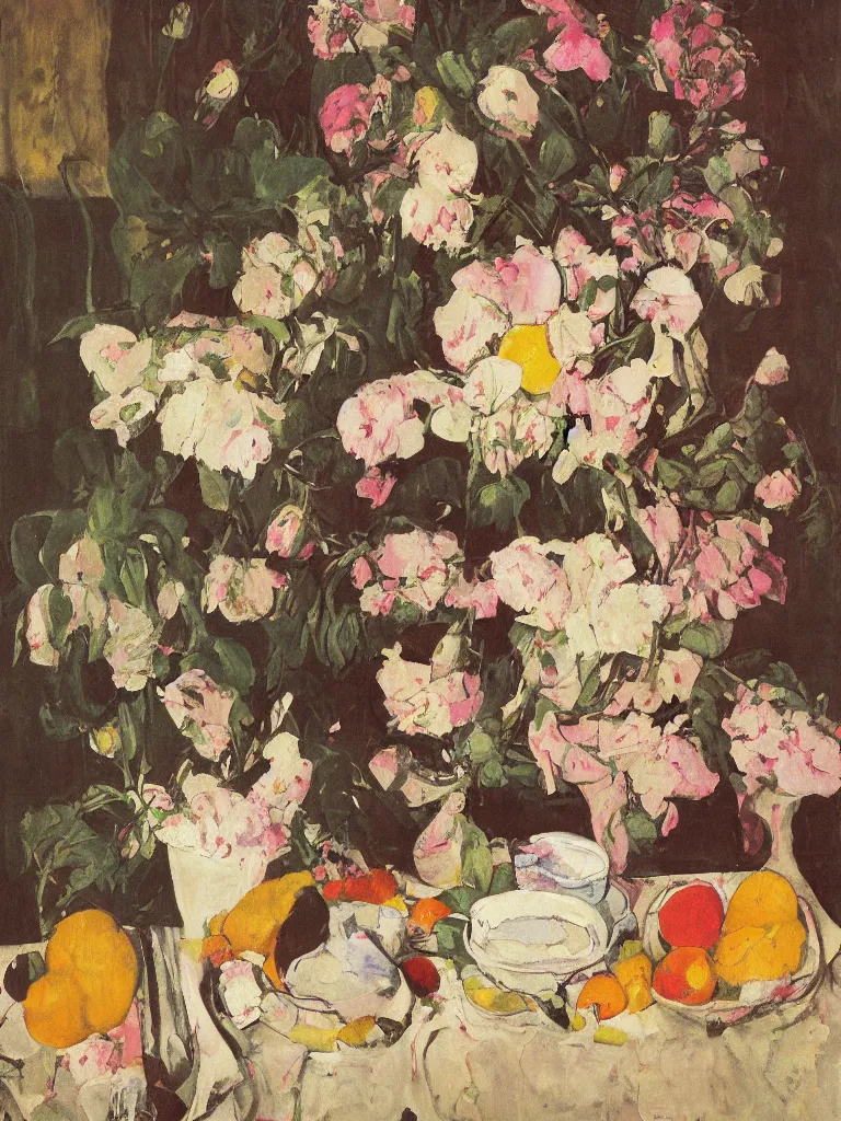 Image similar to a surreal painting of a breakfast still life, flowers, by George Baselitz, symbolist, soft colors, dramatic lighting, smooth, sharp focus, extremely detailed, aesthetically pleasing composition