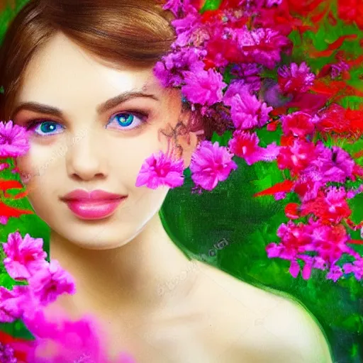 Image similar to a 3 d close up image of a beautiful young women looking at the camera surrounded by lush flowers impressionism, pop