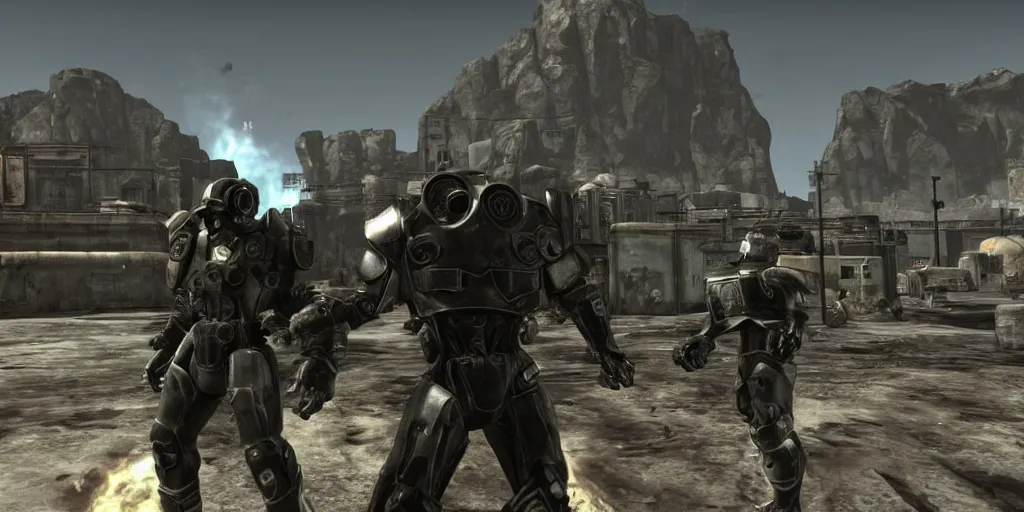 Image similar to patrol of brotherhood of steel from fallout : new vegas game ahead of large bunker gate