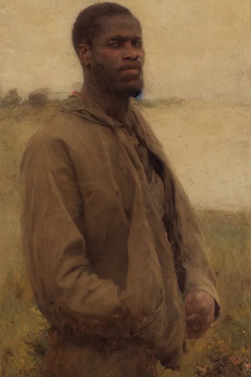 Image similar to Solomon Joseph Solomon and Richard Schmid and Jeremy Lipking victorian genre painting full length portrait painting of a young peasant working in the field, red background