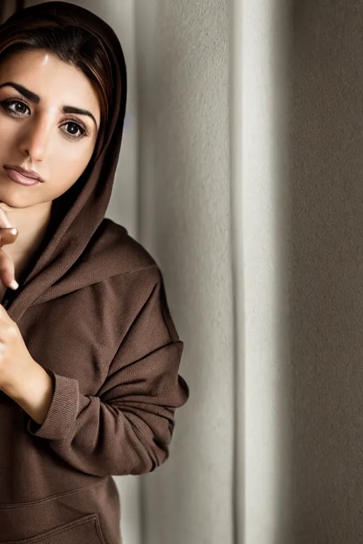 Image similar to short brown hair Arab Spanish shy young woman in a beige hoodie, Diwani calligrapher using bamboo pen, cinematic lighting, hyper-detailed realistic, rule of thirds, photograph